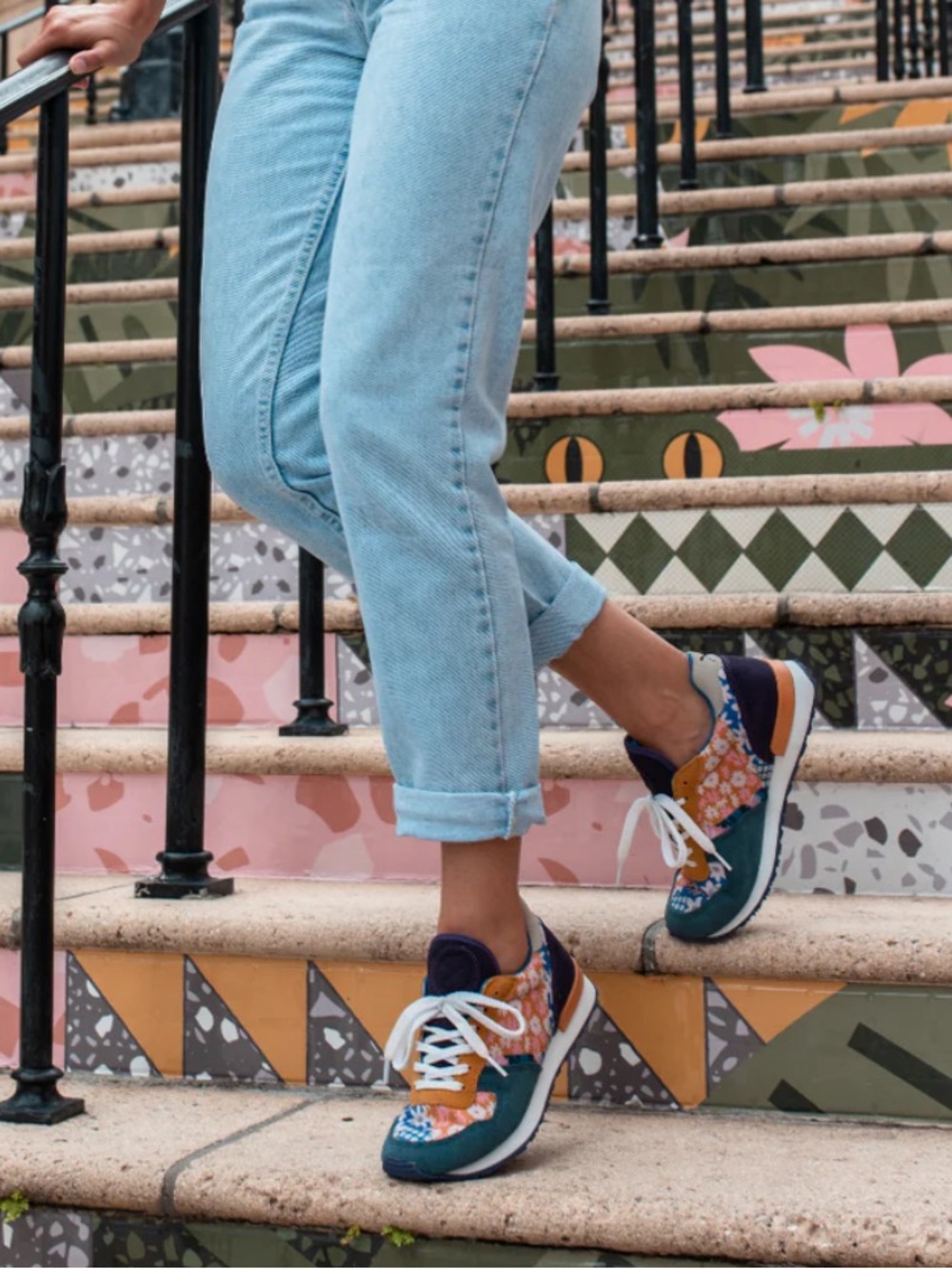 inkkas Floral Patchwork Sneakers in Blue, Pink, Gray, Mustard - Picture 7 of 7
